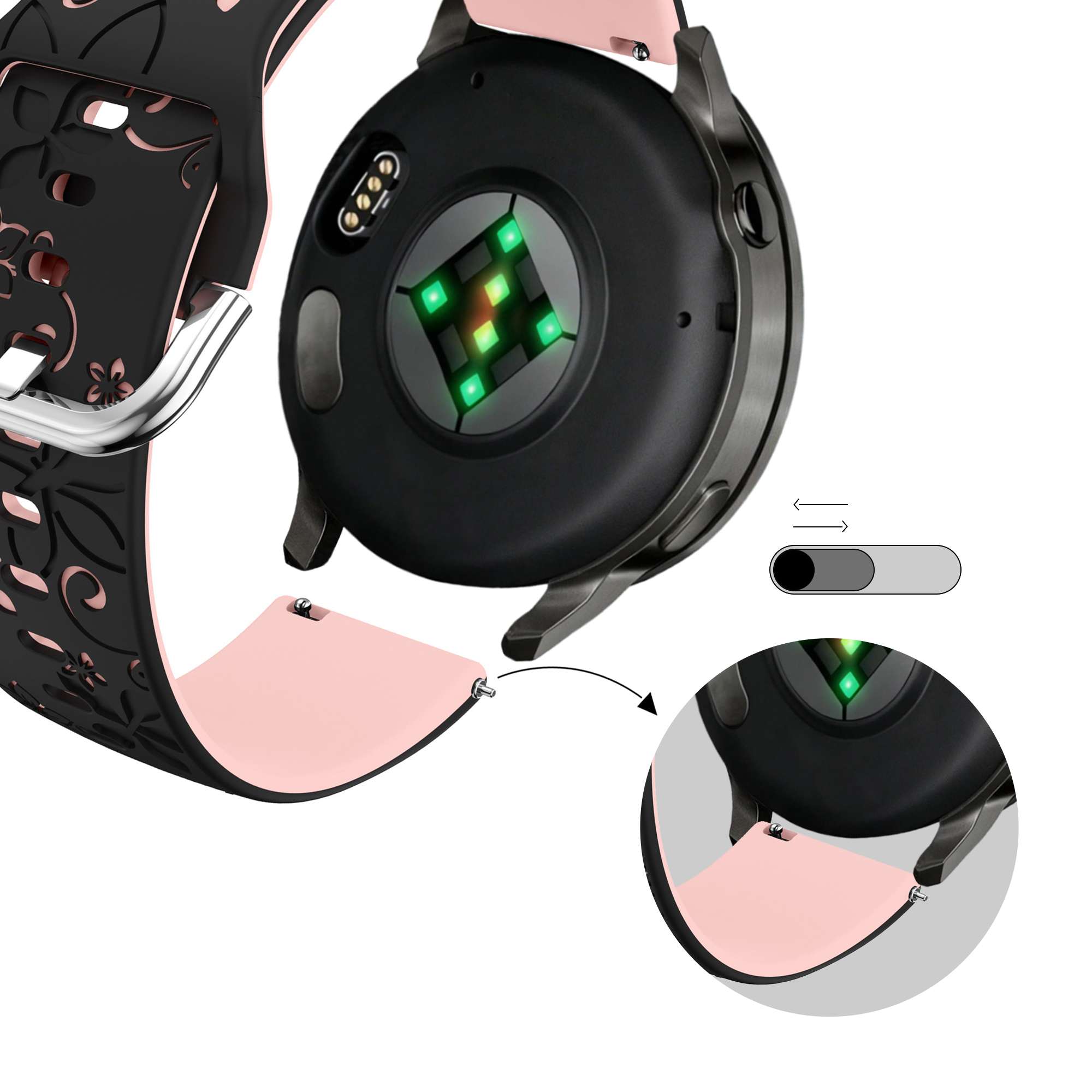 Bandz Garmin Venu SQ Silicone Strap 'Flowers' (Black/Light Pink)