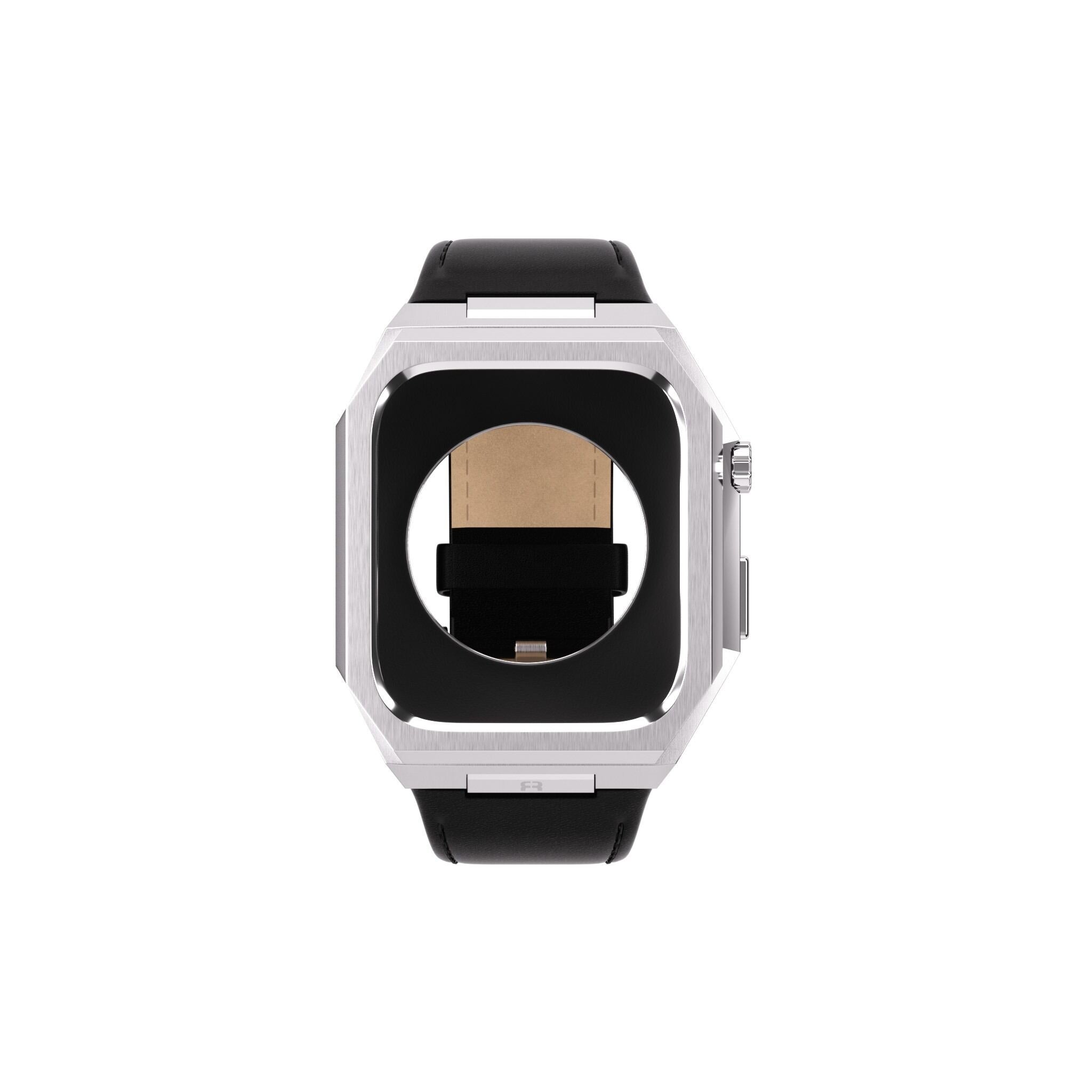 Reqior Apple Watch 45mm Metal Case with Leather Strap (Silver/Black)