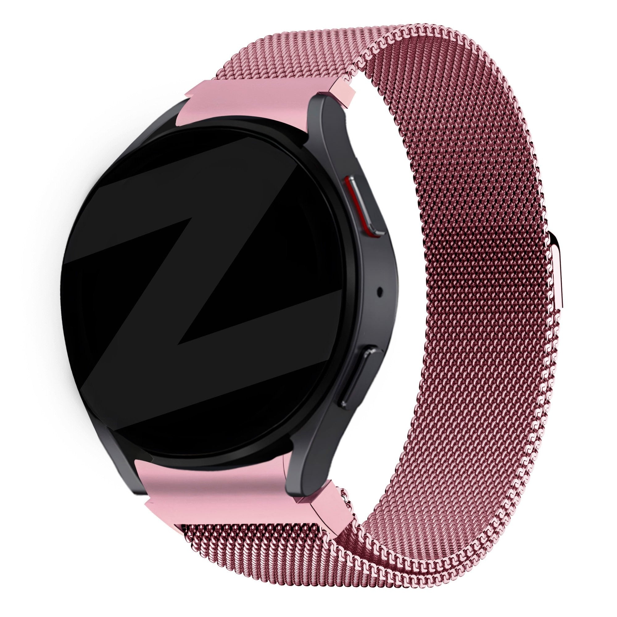 Milanese Loop Strap, pink, on a watch, 3/4 front view