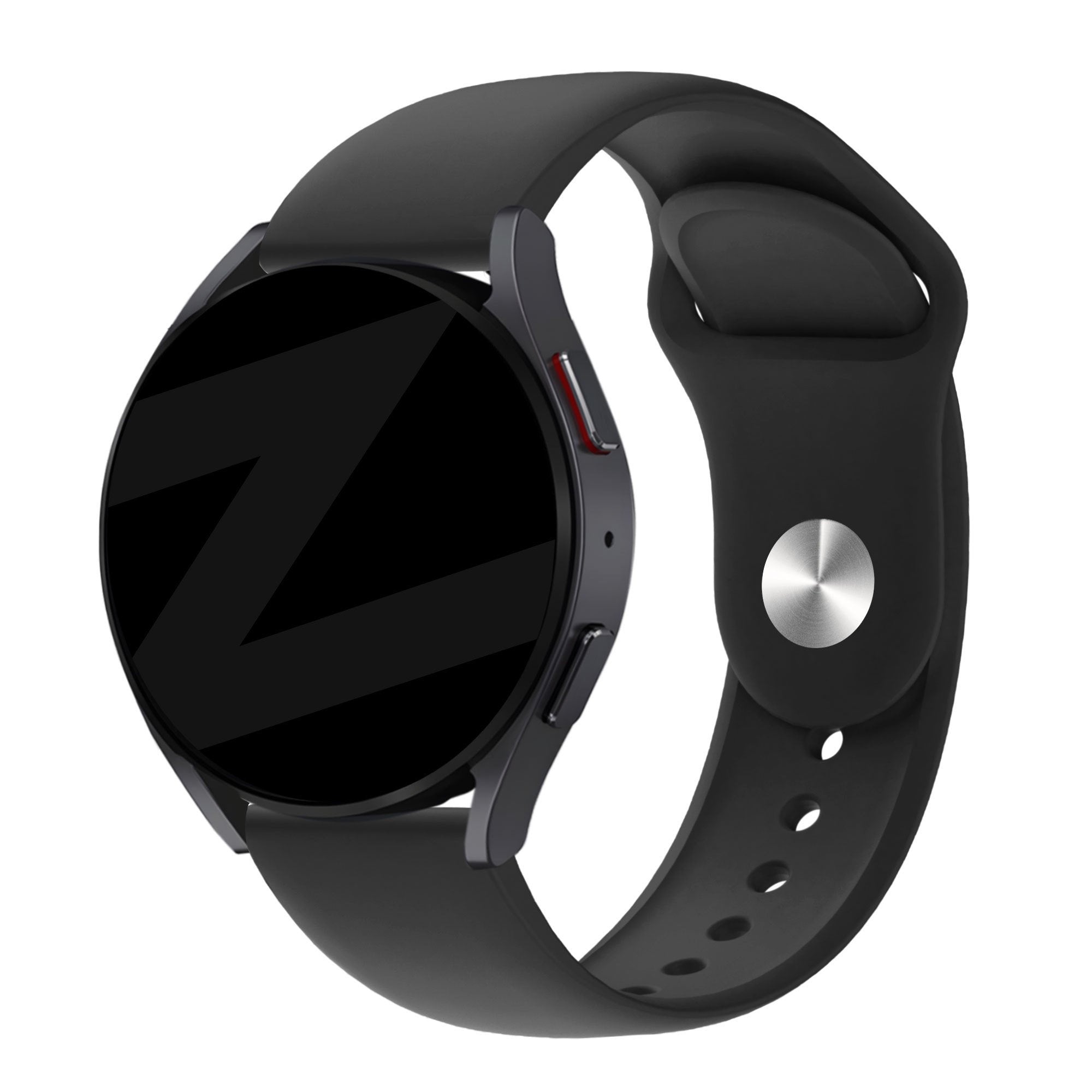 Silicone Sport Strap 'Deluxe', black, on a watch, 3/4 front view