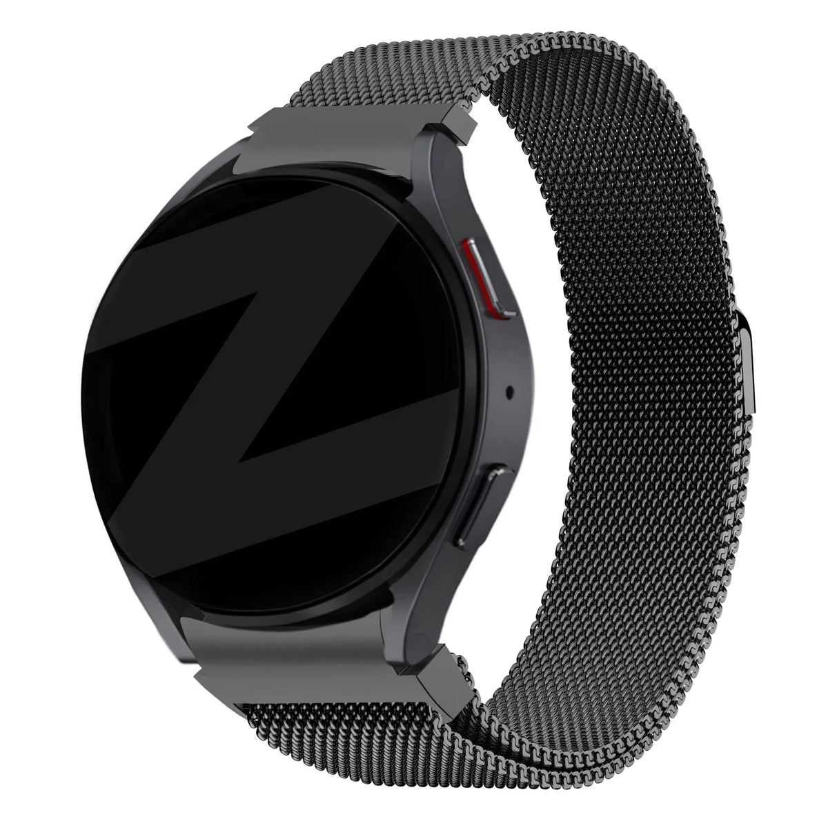 Milanese Loop Strap, black, on a watch, 3/4 front view