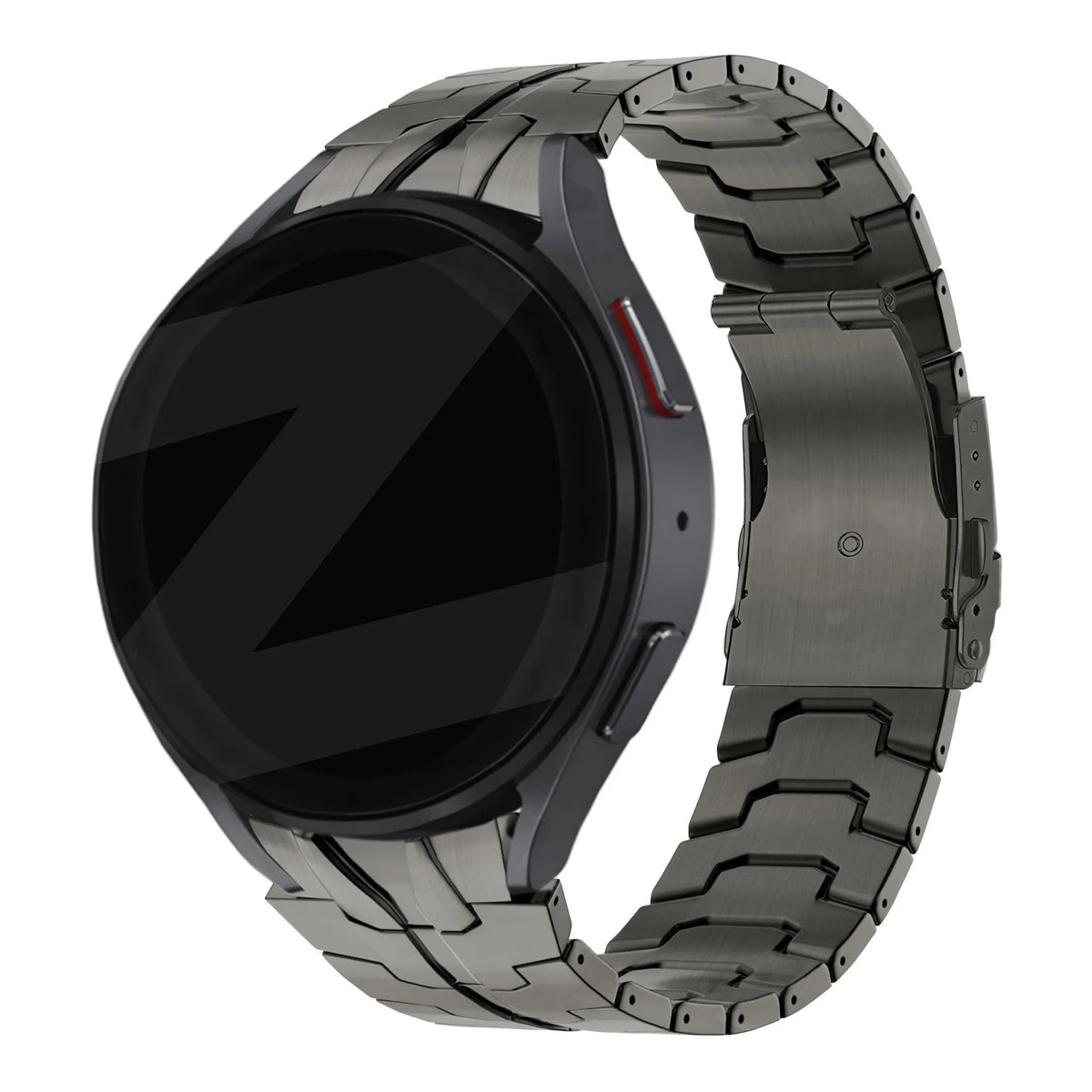 Steel Strap 'Iron', graphite, on a watch, 3/4 front view