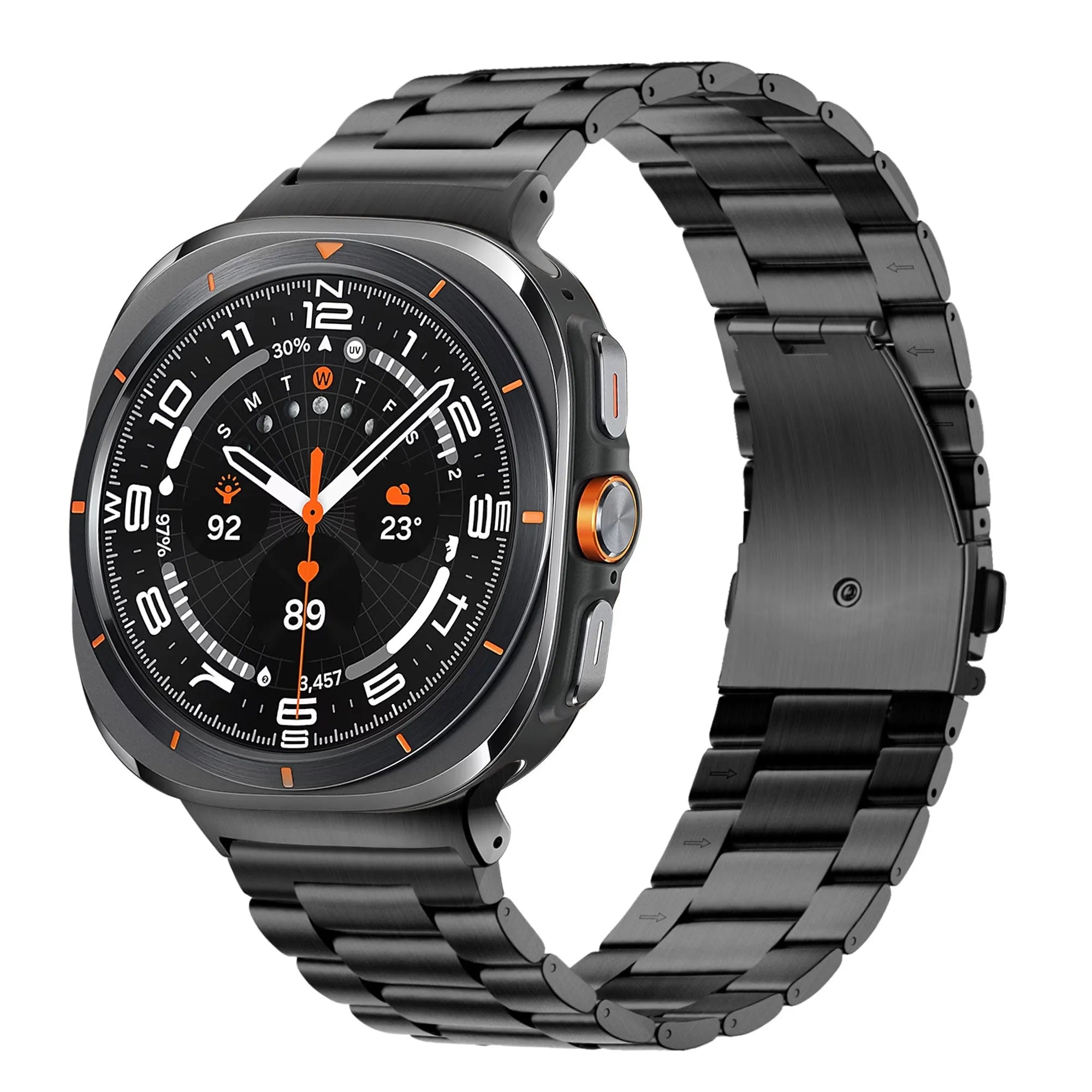 Steel Strap 'Classic', black, on a watch, 3/4 front view