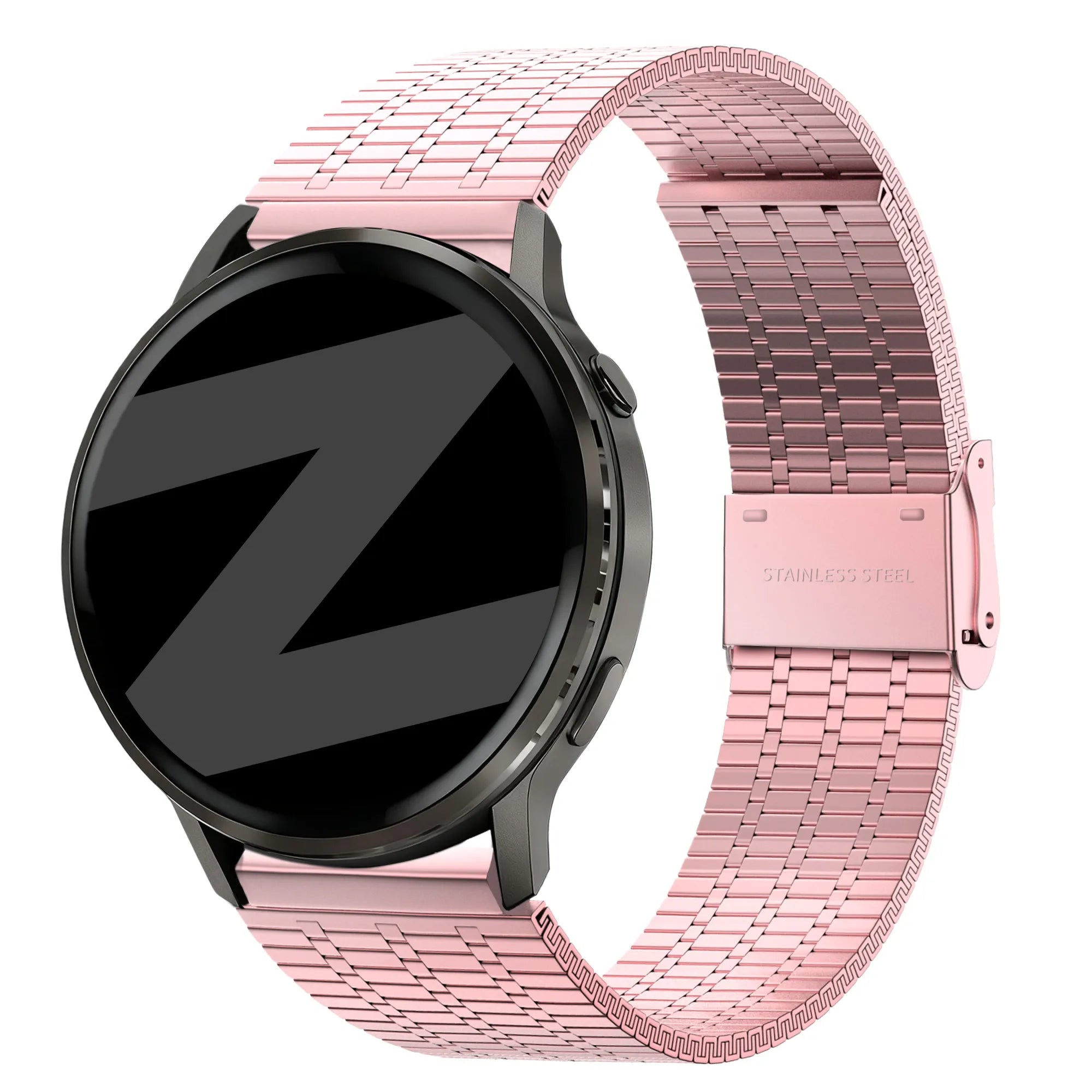 Adjustable Steel Strap, pink, on a watch, 3/4 front view