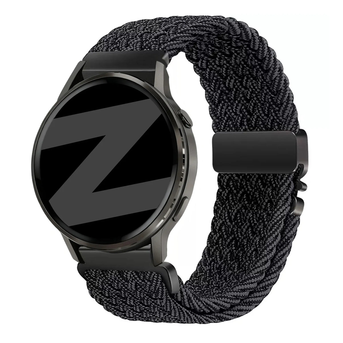 Nylon Braided Strap 'Parachute', graphite, on a watch, 3/4 front view