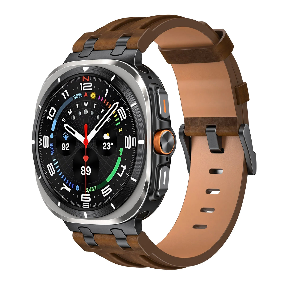 Solid Leather Strap, dark brown, on a watch, 3/4 front view