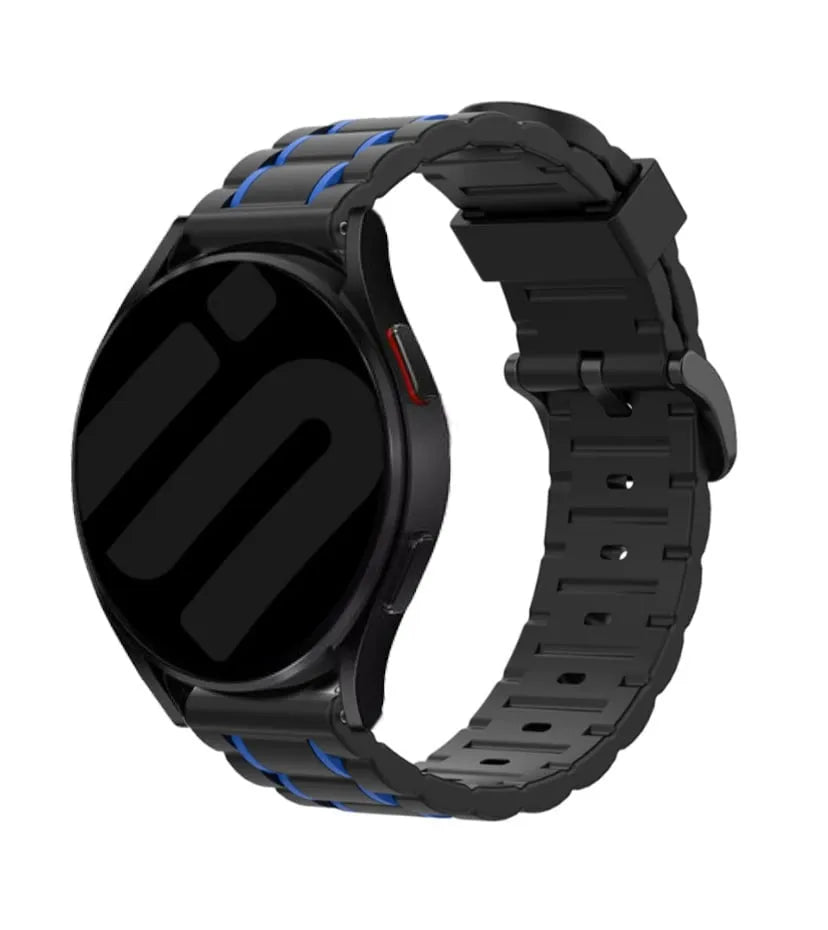 Silicone Strap 'Tough', black/blue, on a watch, 3/4 front view