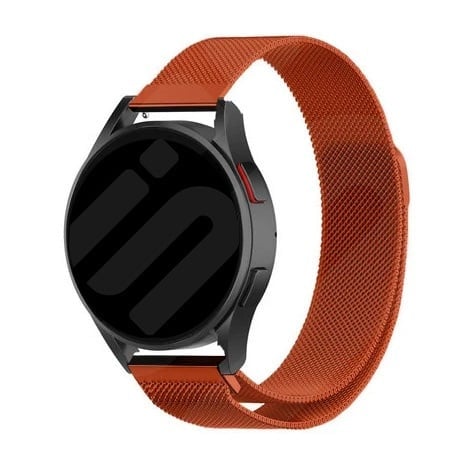Milanese Strap, orange, on a watch, 3/4 front view