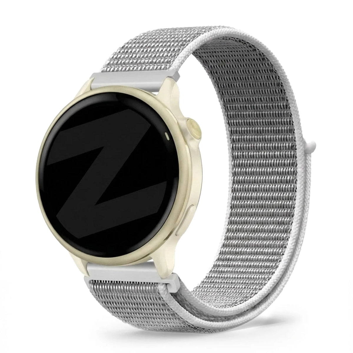 Nylon Loop Strap, grey, on a watch, 3/4 front view