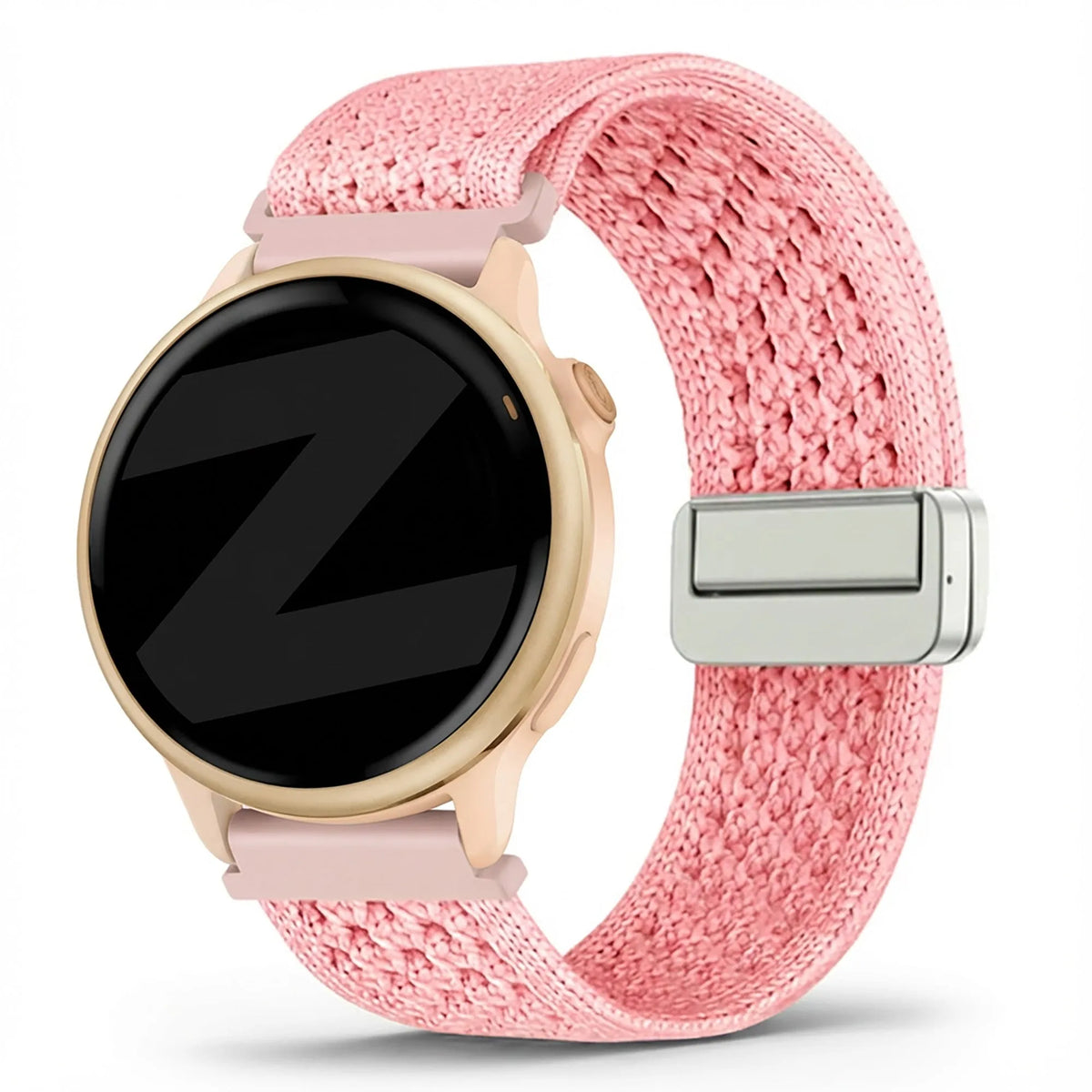 Vintage Nylon Strap, pink, on a watch, 3/4 front view