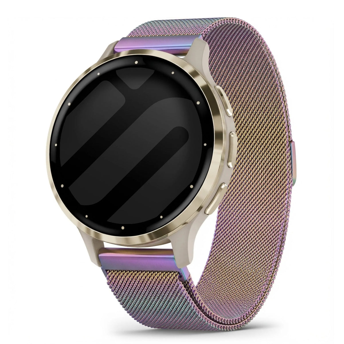 Milanese Strap, rainbow, on a watch, 3/4 front view