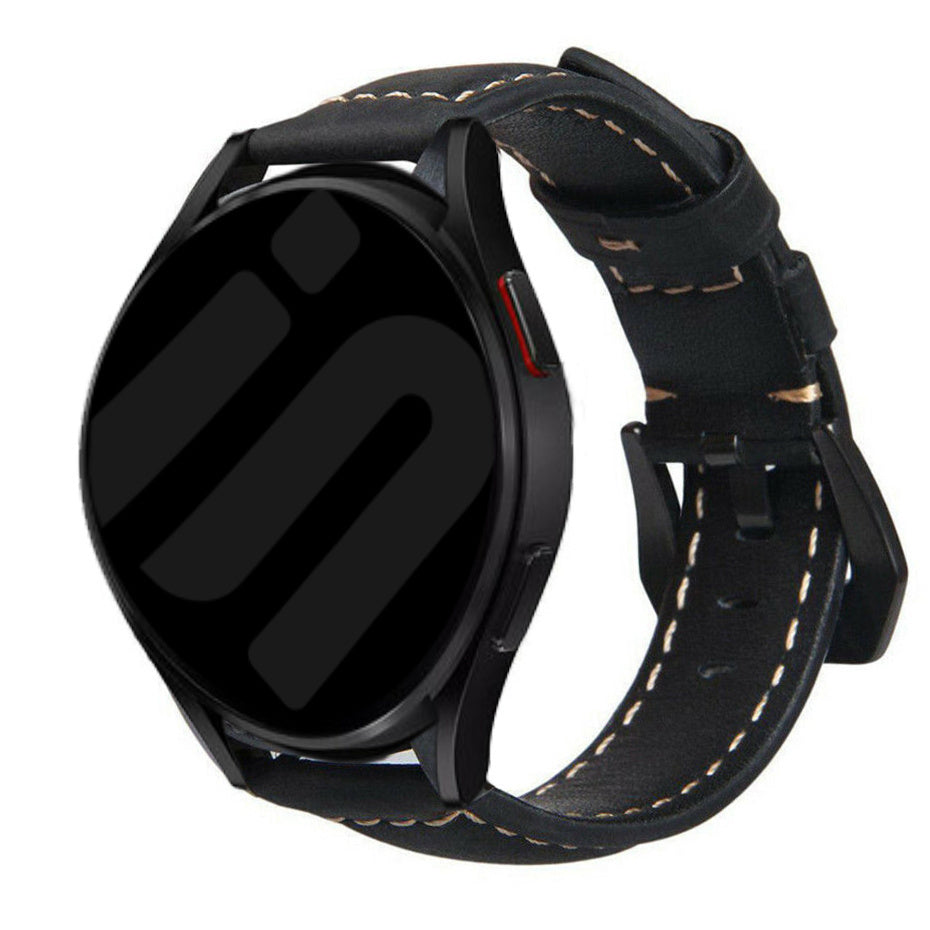 Leather Strap, black, on a watch, 3/4 front view