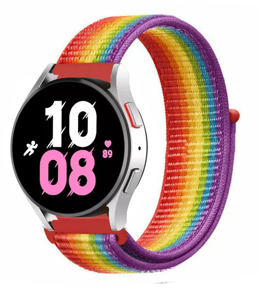 Nylon Strap, rainbow, on a watch, 3/4 front view