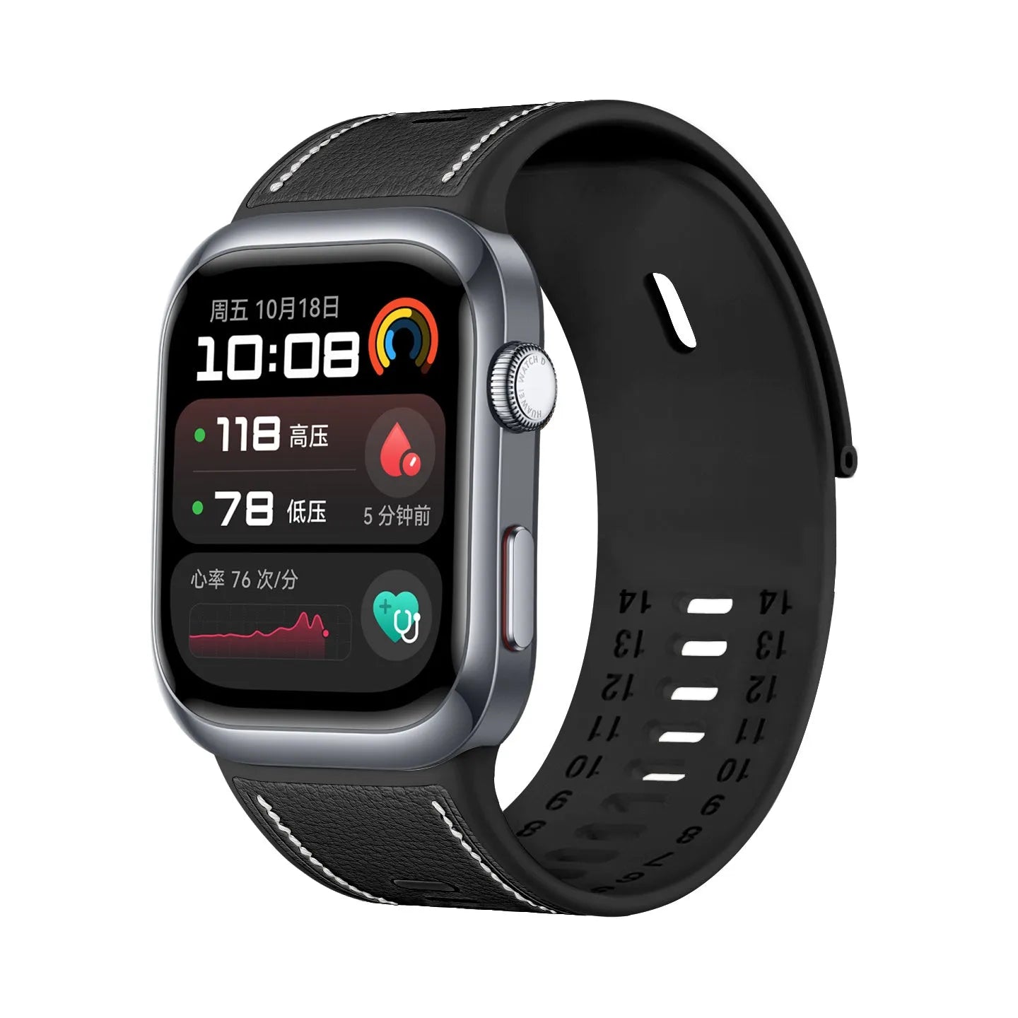 Leather Hybrid Strap, black, on a watch, 3/4 front view