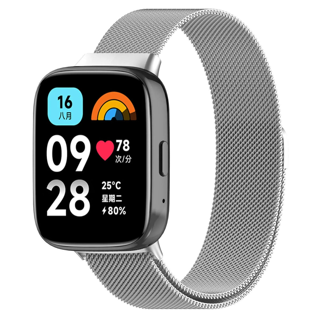 Milanese Strap, silver, on a watch, 3/4 front view