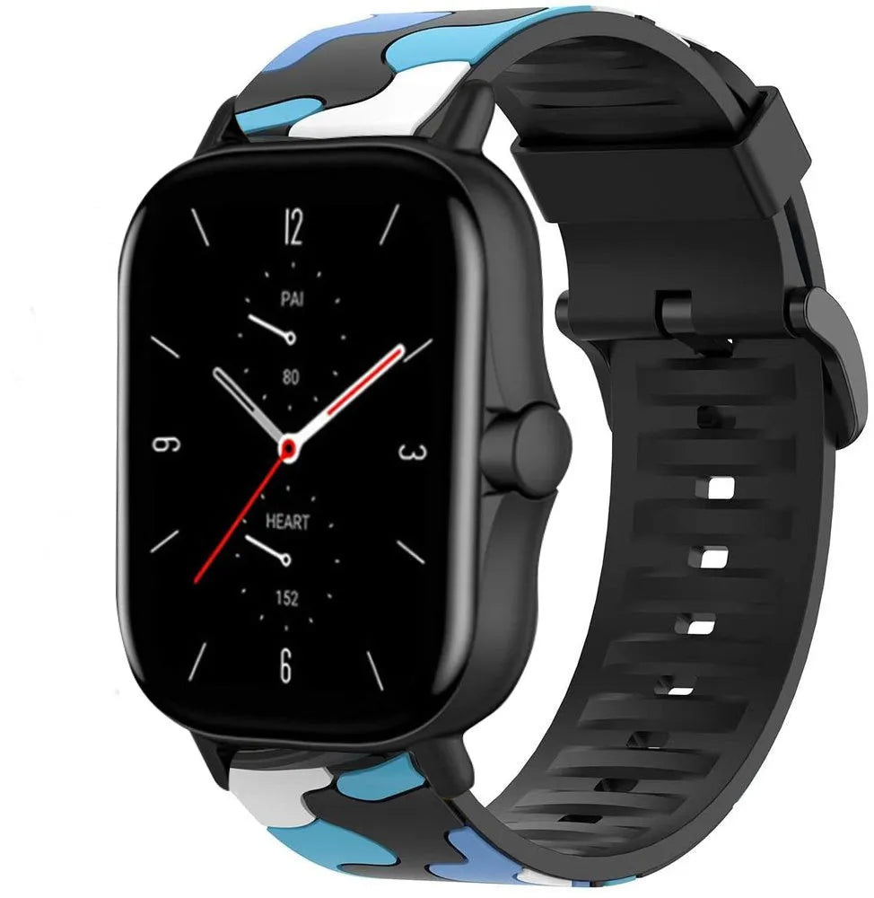 Silicone Camo Strap, blue, on a watch, 3/4 front view