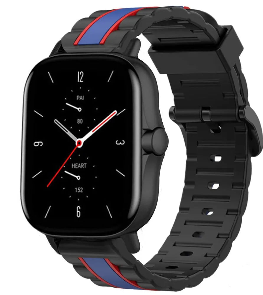 Silicone Special Edition Strap, black/blue, on a watch, 3/4 front view