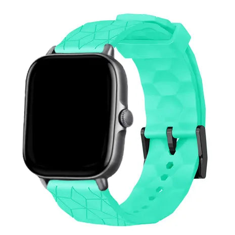Silicone Strap Hexagons, aqua, on a watch, 3/4 front view