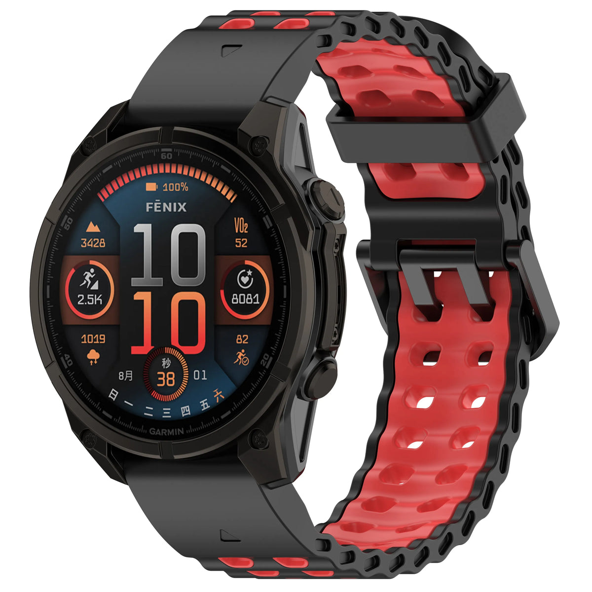 Silicone Wave Sport Strap, black/red, on a watch, 3/4 front view