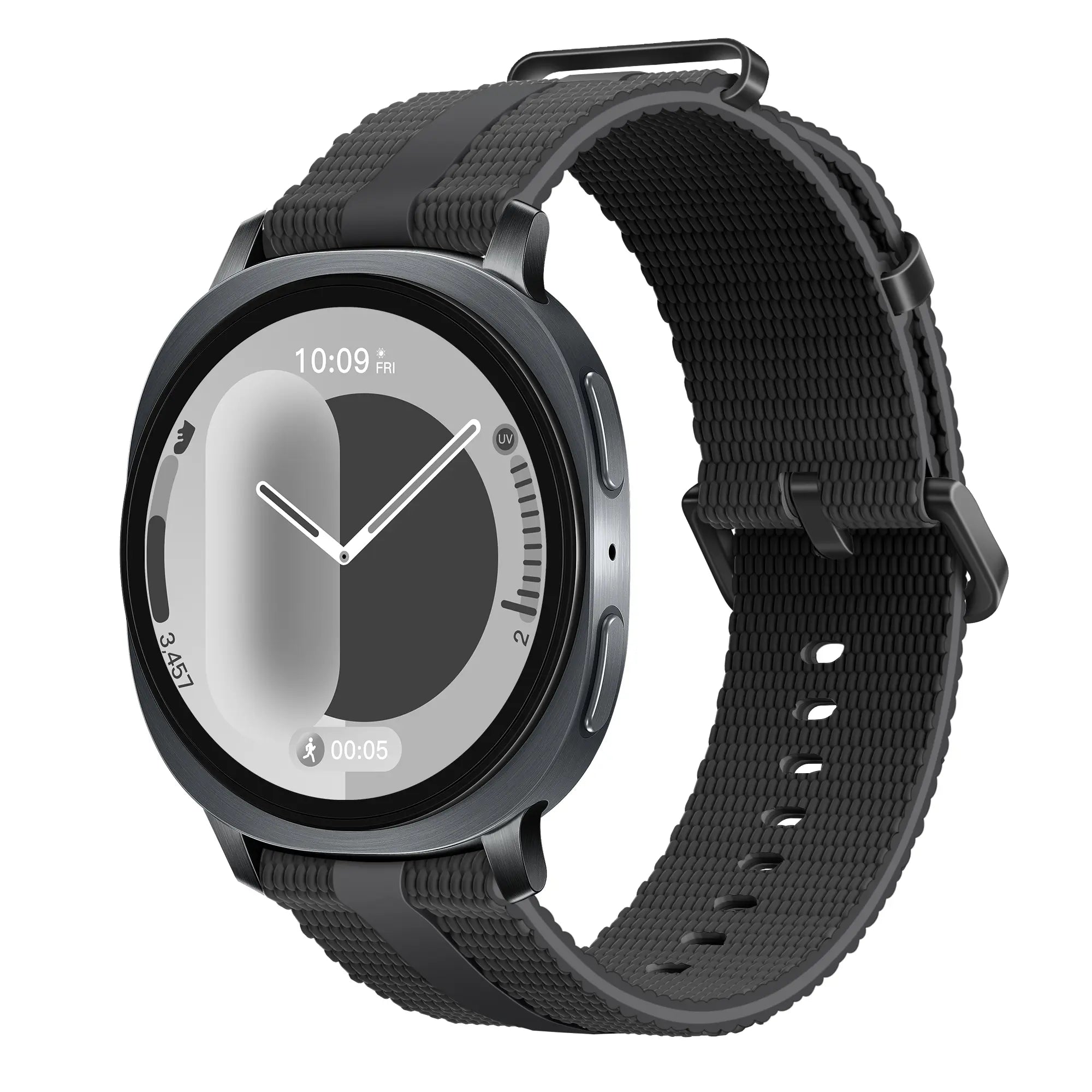 Silicone Active Strap, black, on a watch, 3/4 front view
