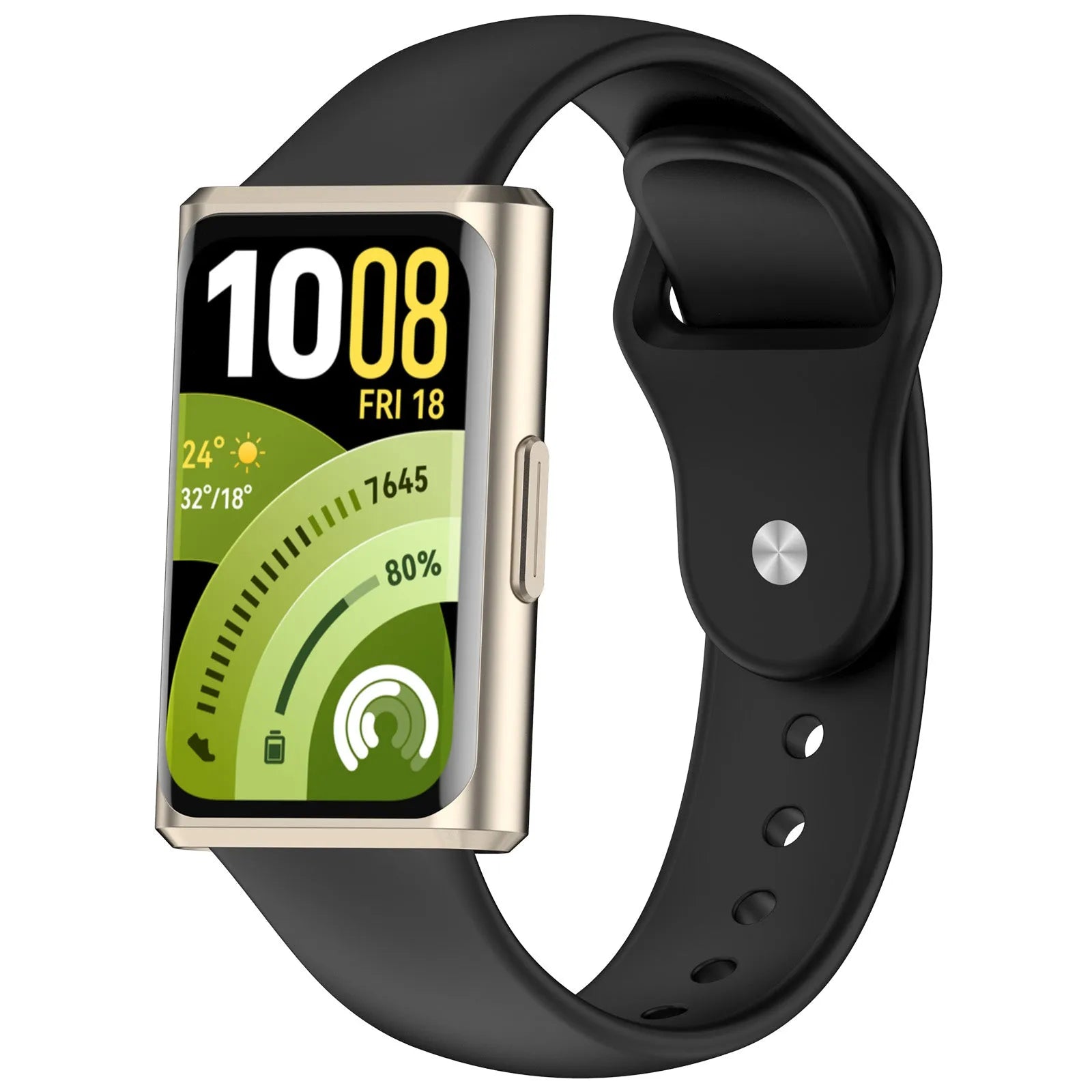 Silicone Sport Strap, black, on a watch, 3/4 front view