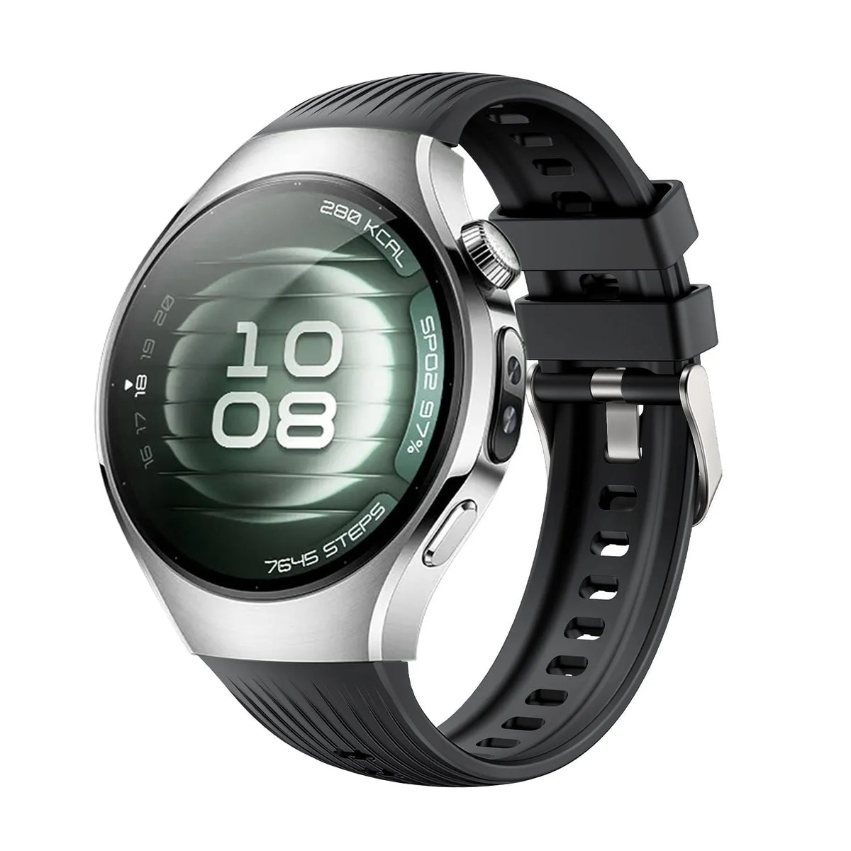 Silicone Strap Perfect Fit, black, on a watch, 3/4 front view