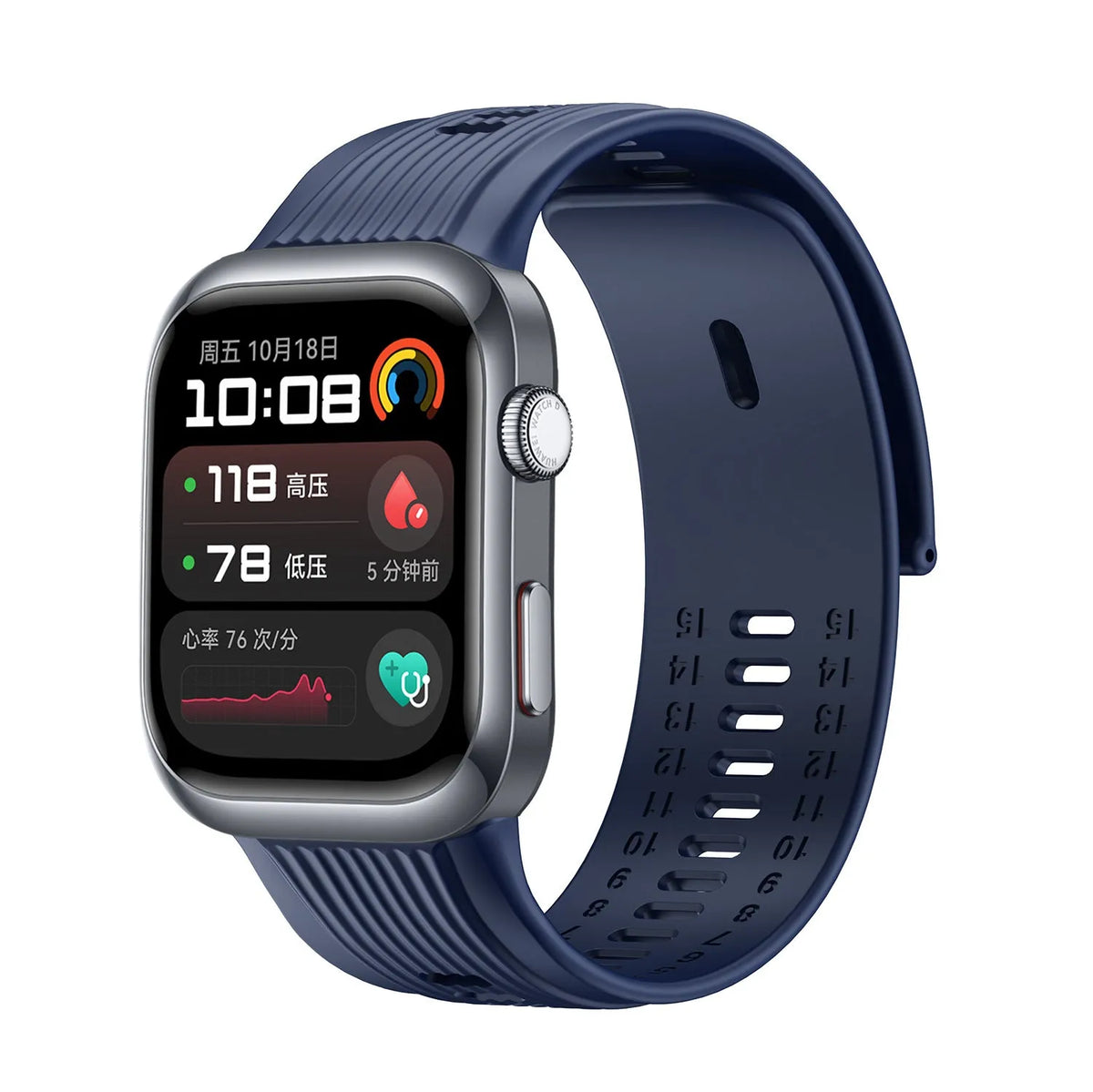 Silicone Strap, dark blue, on a watch, 3/4 front view