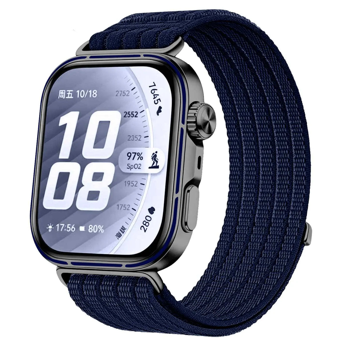 Ultra Thin Nylon Strap, dark blue, on a watch, 3/4 front view