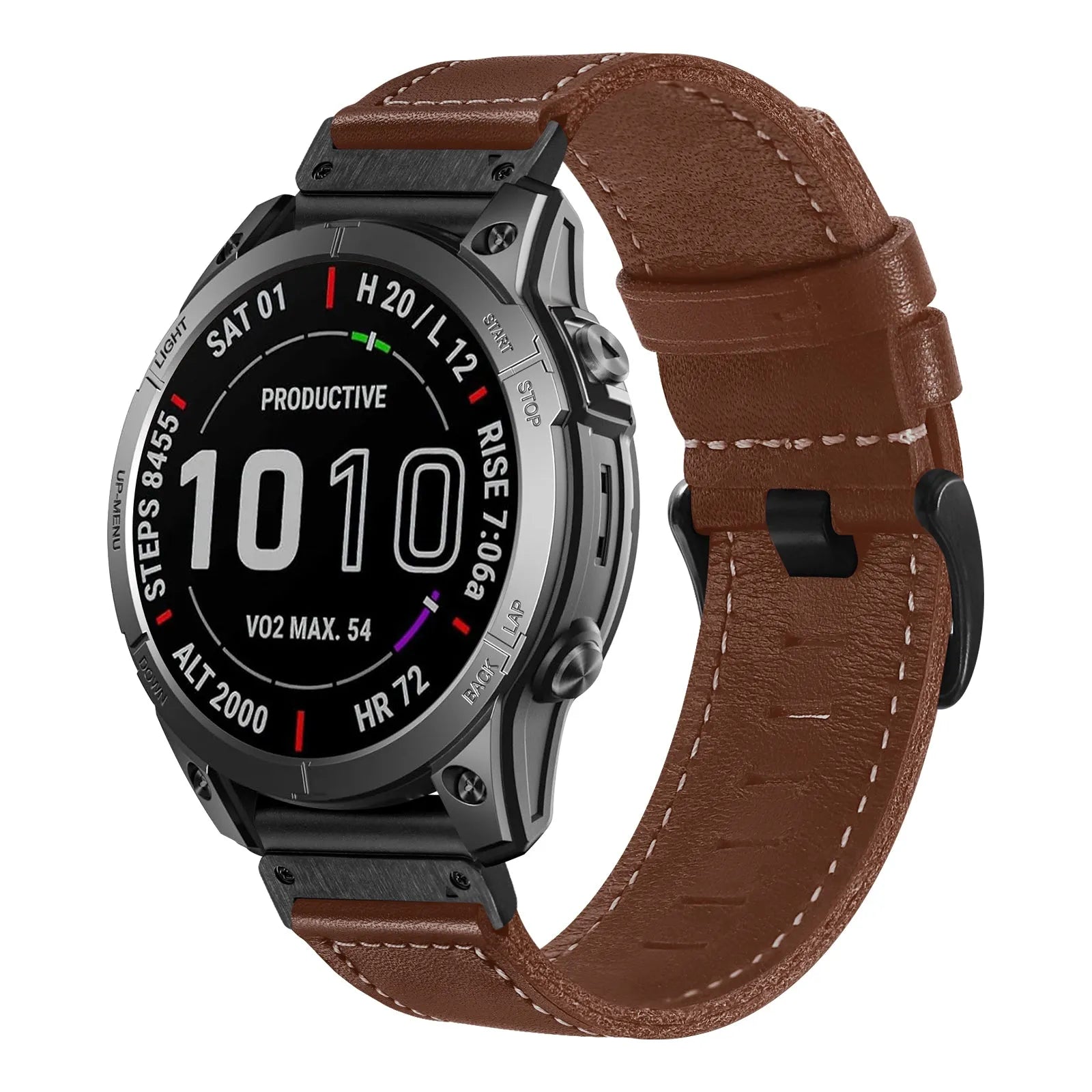 Premium Leather Strap, silver, on a watch, 3/4 front view