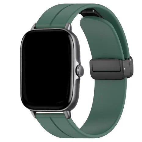 D-Buckle Silicone Strap, dark green, on a watch, 3/4 front view