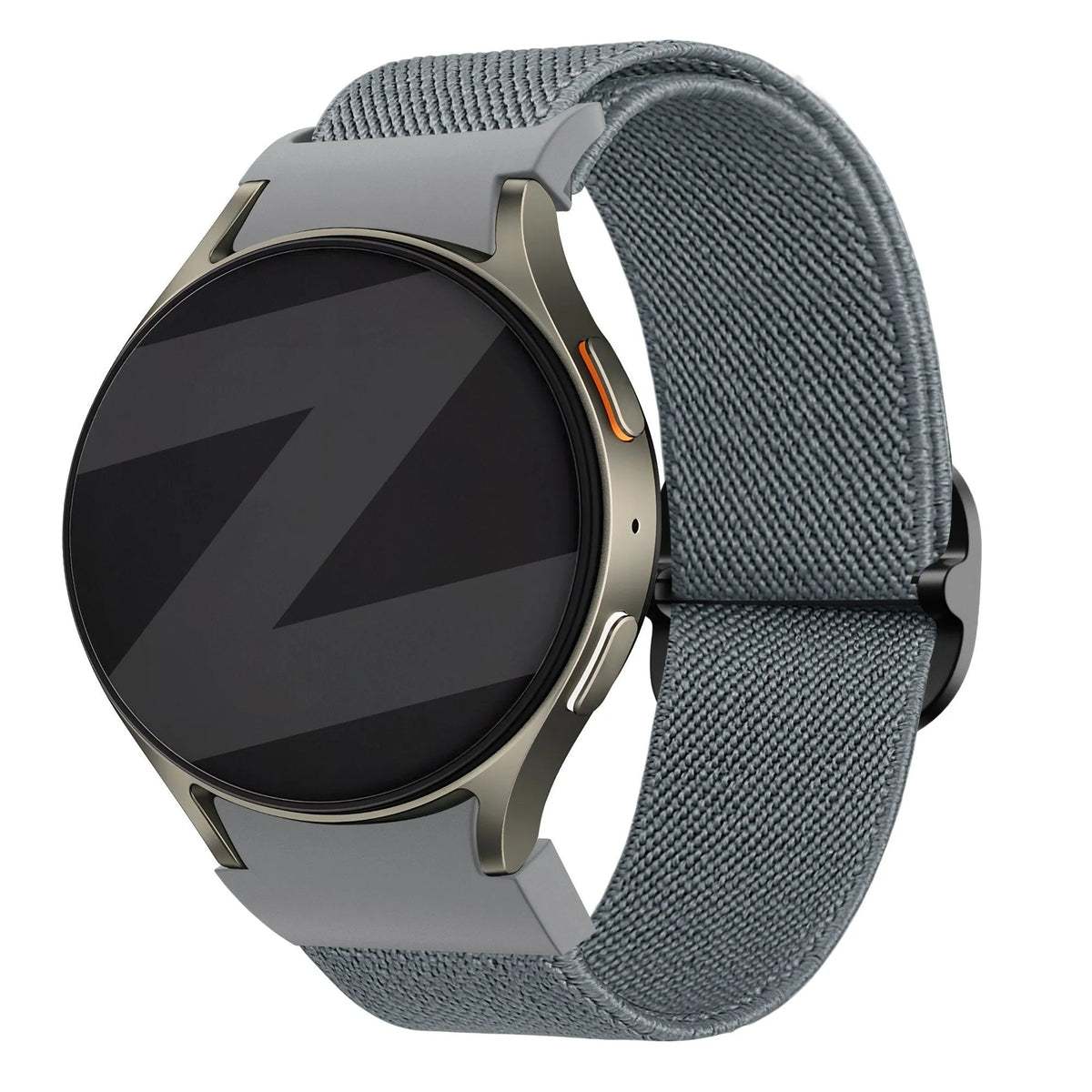 Nylon Elastic Strap 'Easy Fit', grey-blue, on a watch, 3/4 front view