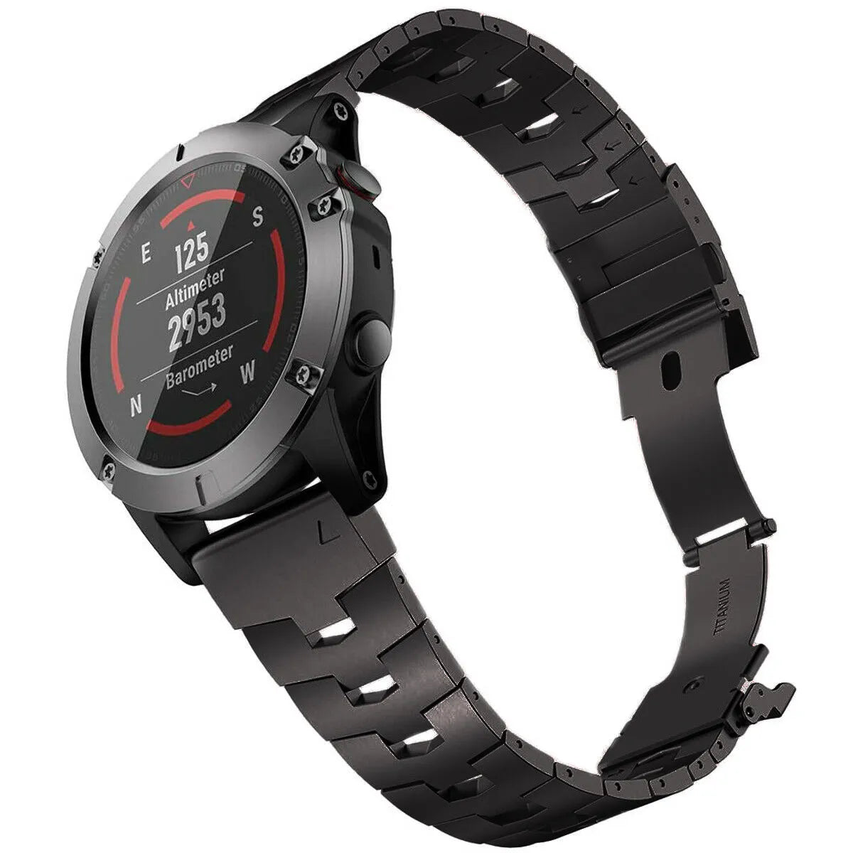 Titanium Strap, graphite, on a watch, 3/4 front view