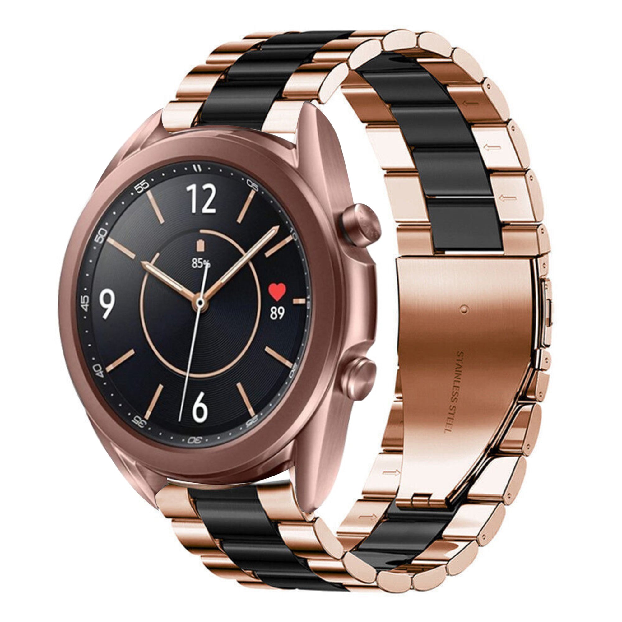 Steel Strap, rose gold/black, on a watch, 3/4 front view