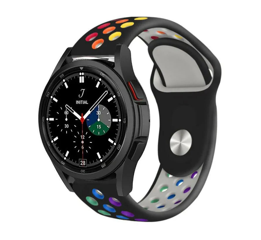 Silicone Sport Strap, black/colourful, on a watch, 3/4 front view