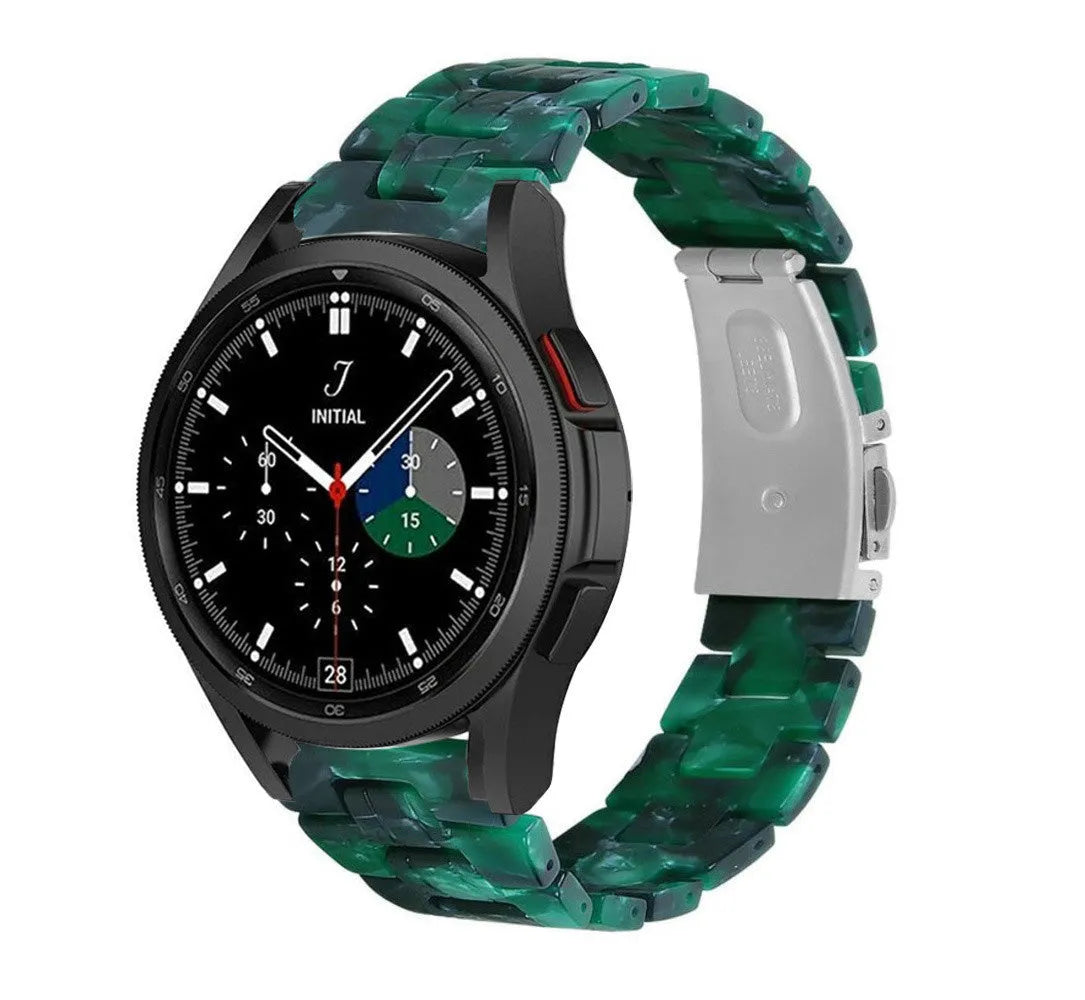 Metal Resin Strap, green, on a watch, 3/4 front view