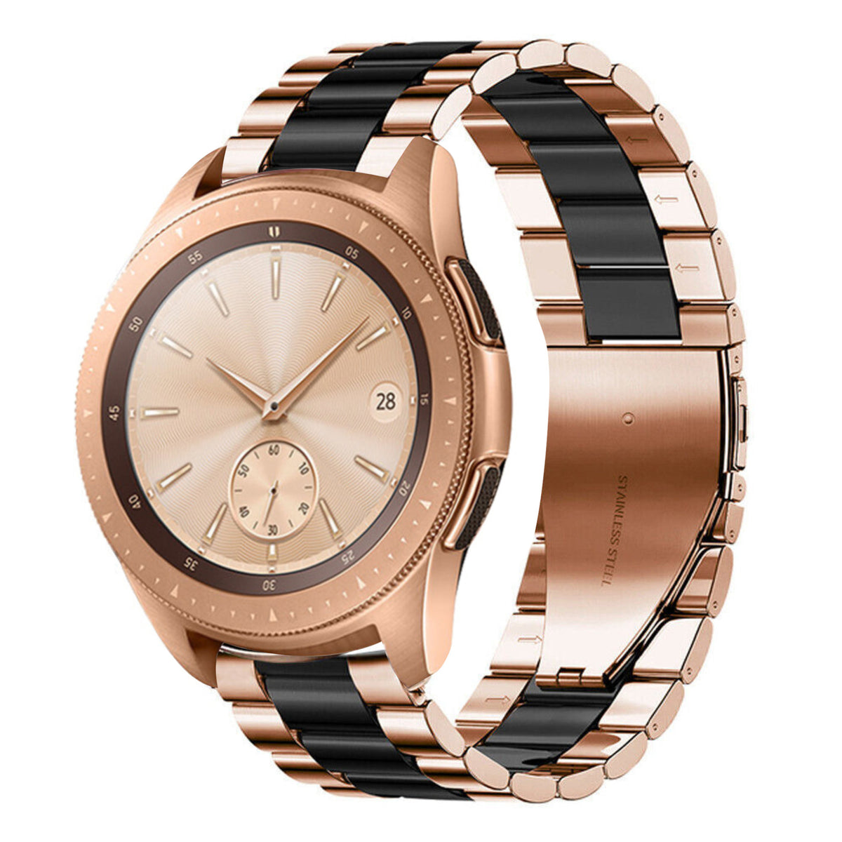 Steel Strap, rose gold/black, on a watch, 3/4 front view