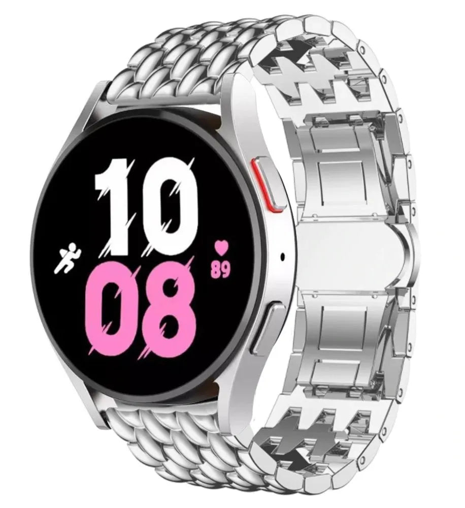 Steel Dragon Strap, silver, on a watch, 3/4 front view
