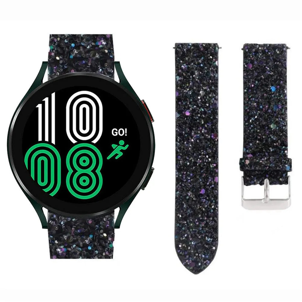 Leather Strap with Glitters, black, on a watch, 3/4 front view