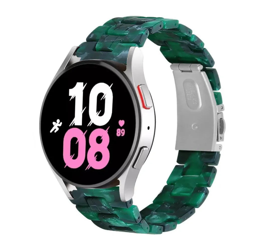 Metal Resin Strap, green, on a watch, 3/4 front view