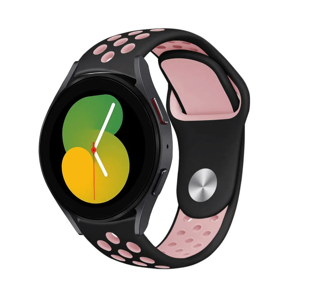 Silicone Sport Strap, black/pink, on a watch, 3/4 front view
