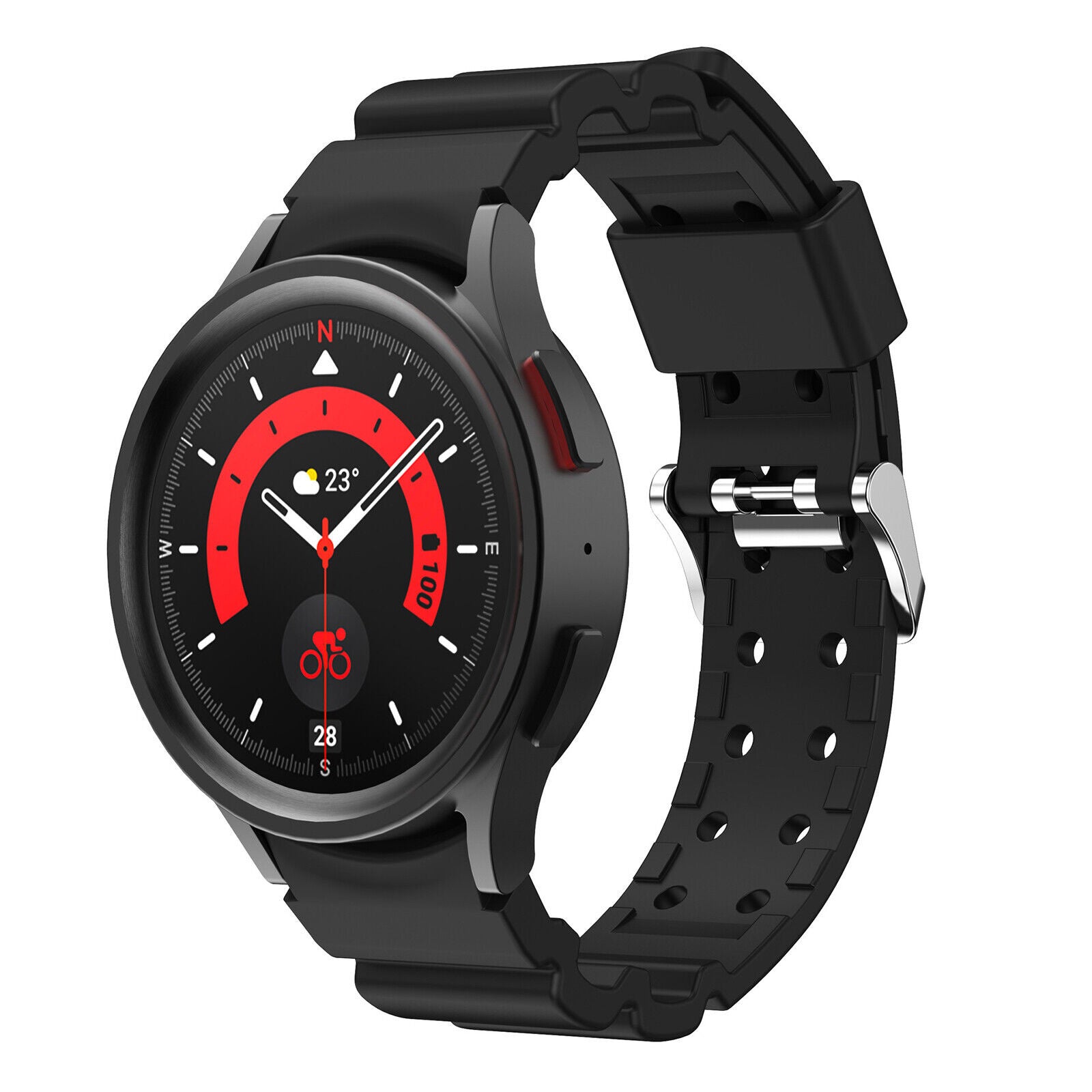 Silicone Strap 'Armour', black, on a watch, 3/4 front view
