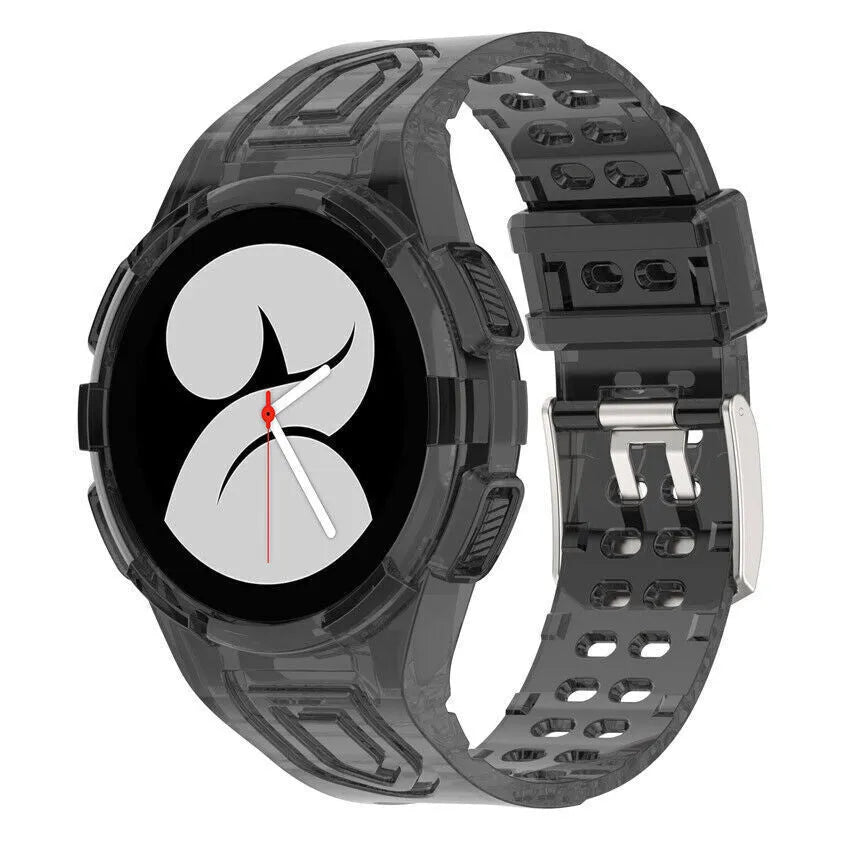 Silicone Strap with Frame, transparent black, on a watch, 3/4 front view