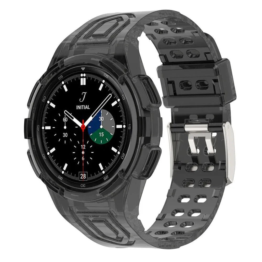 Silicone Strap with Frame, transparent black, on a watch, 3/4 front view