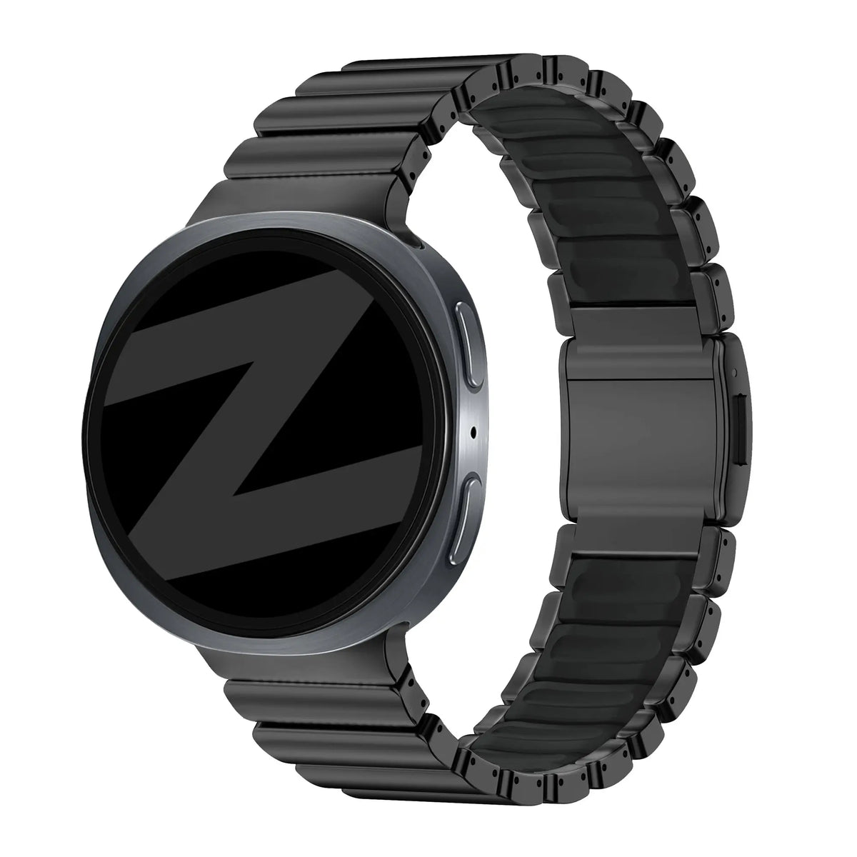 Titanium Strap 'Hybrid', black, on a watch, 3/4 front view