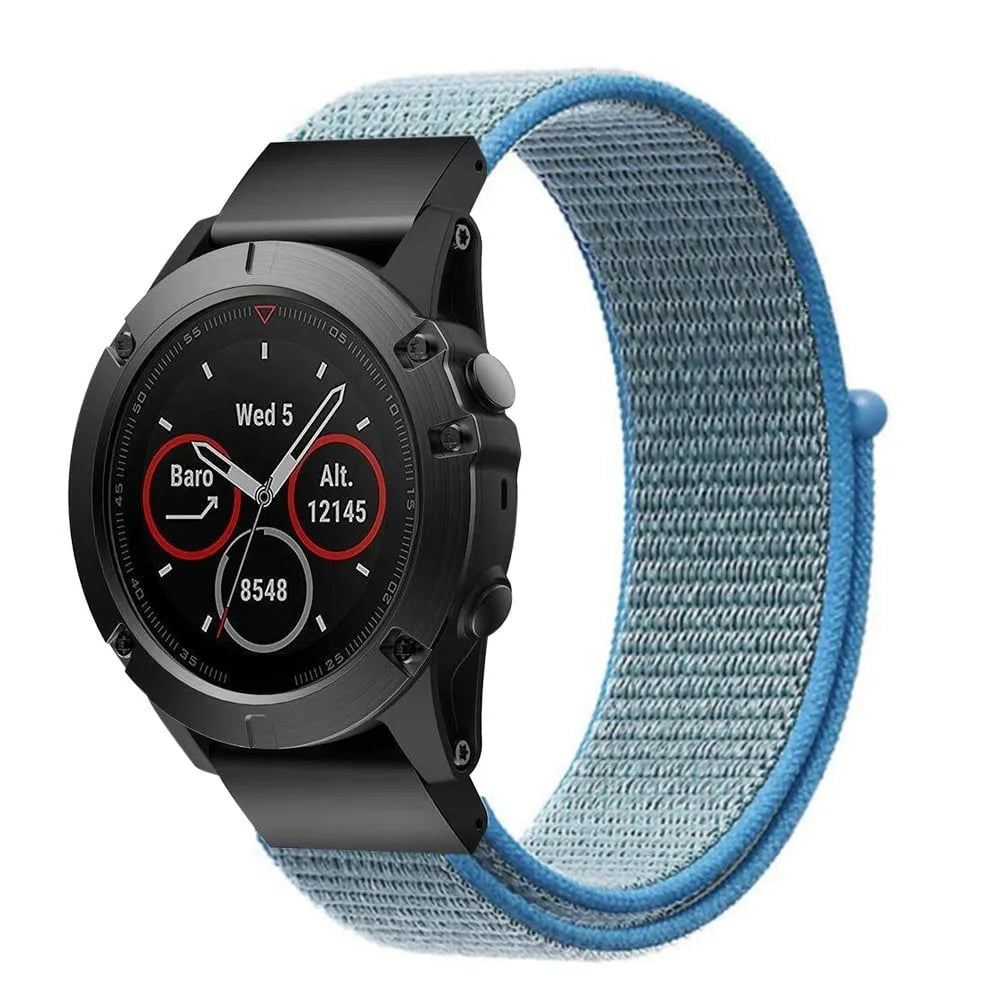 Nylon Strap, light blue, on a watch, 3/4 front view