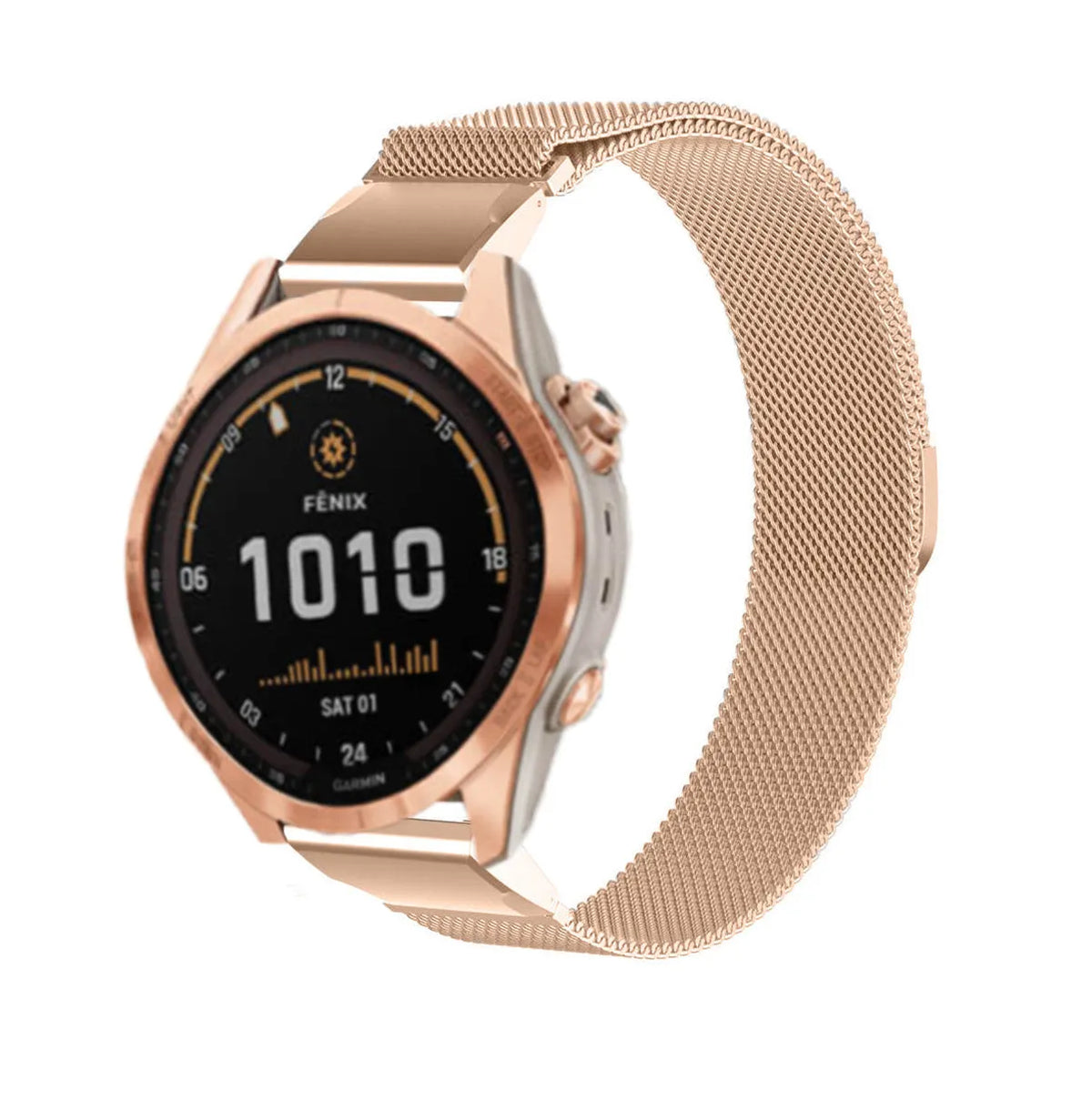 Milanese Strap, rose gold, on a watch, 3/4 front view