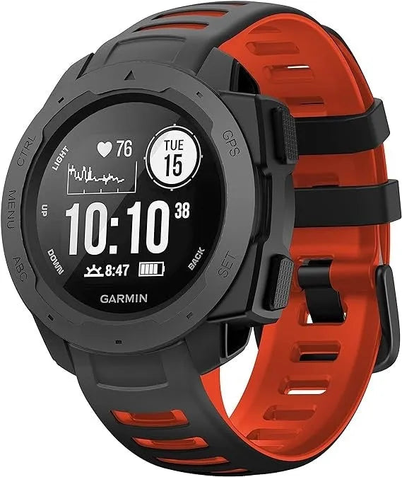 Silicone Sport Strap, black/red, on a watch, 3/4 front view