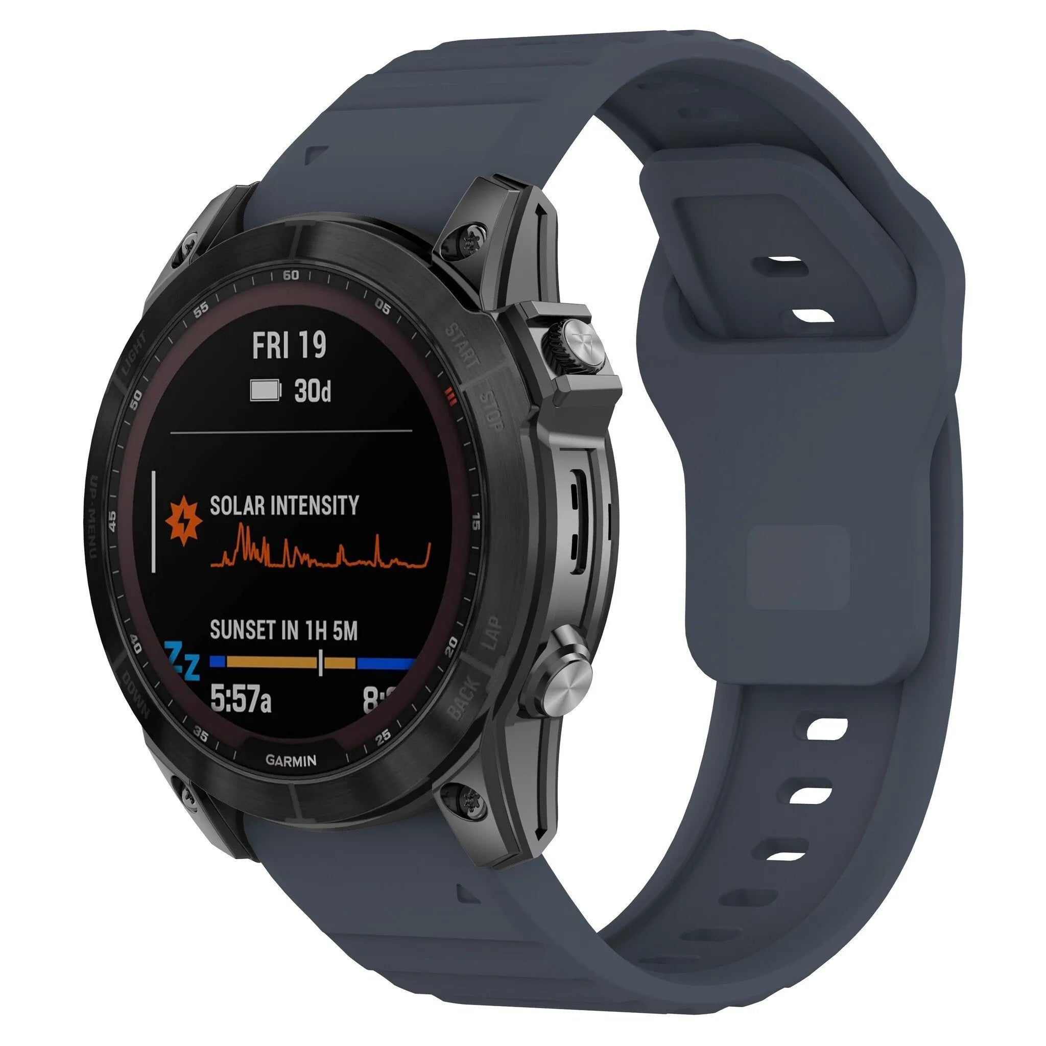 Outdoor Silicone Strap, grey-blue, on a watch, 3/4 front view