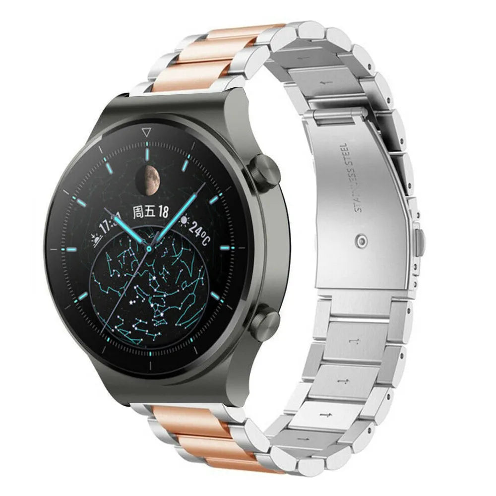 Steel Strap, silver/rose gold, on a watch, 3/4 front view
