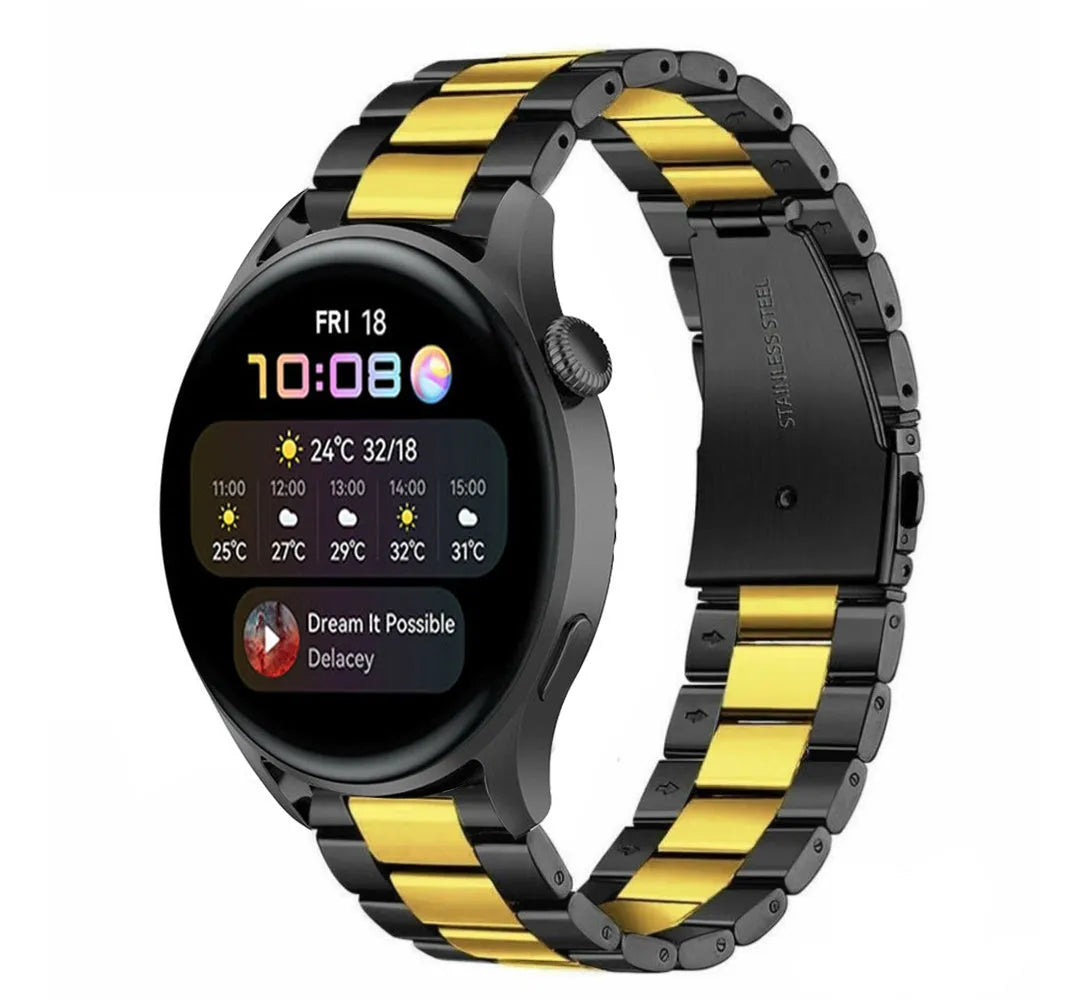 Steel Strap, black/gold, on a watch, 3/4 front view